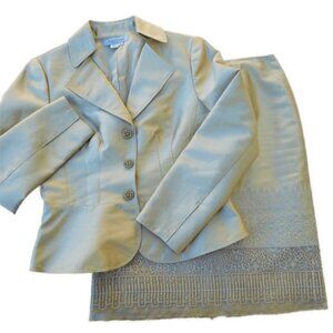 Kay Unger New York Skirt Suit Set SiLK Champagne Jewel Buttons Embroidered 6